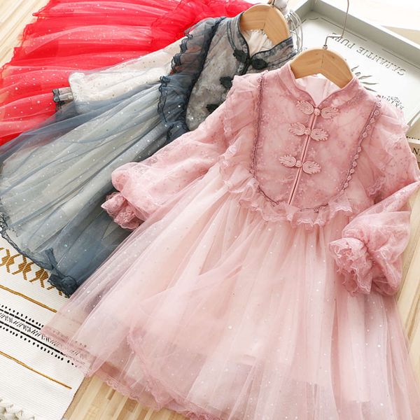 

drs 2021 cheongsam collar girl's spring wtern sle flash sve princs skirt, Red;yellow