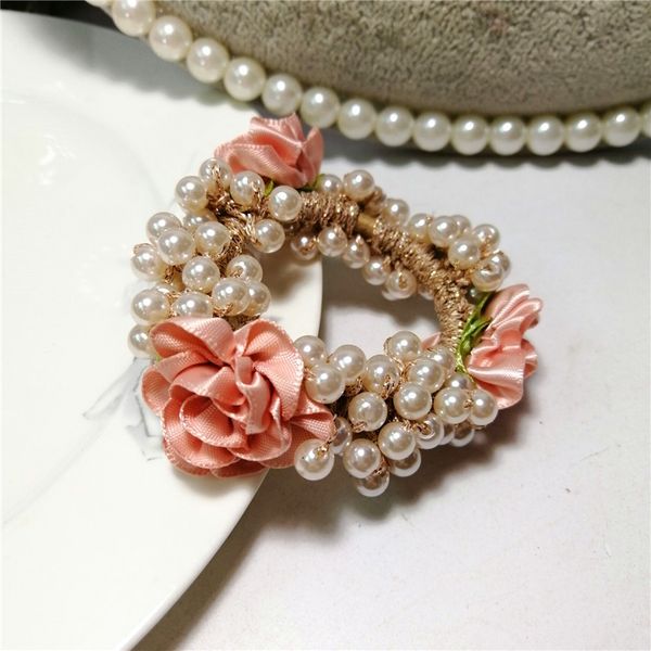 

korean hairband headrope full of pearl beads flower rubber band fashion temperament simple plate horsetail ball hair rope