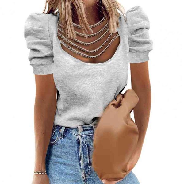 

women cotton t shirt hollow out mesh puff short sleeve tee shirts spring fashion long sleeve shirt o-neck woman t-shirt, White