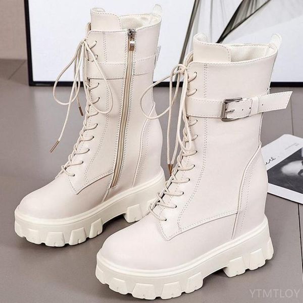 

boots patent leather women height increasing autumn shoes 2021 solid color ladies mid-calf cross-tied, Black