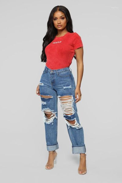 

ripped jeans trousers women high waist casual denim holes straight pants1, Blue