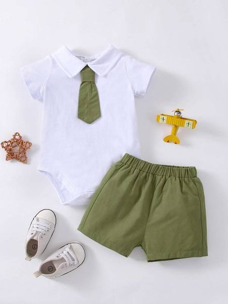 

baby button back bodysuit & shorts with tie she, White