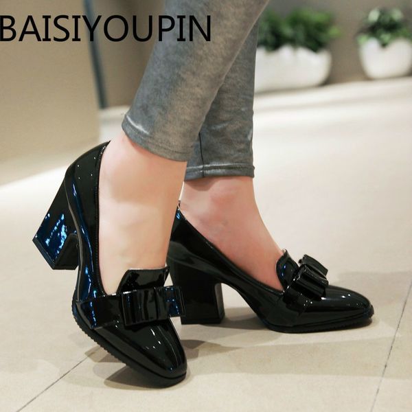 

europe and america all-match bow thick heels women's shoes high heels patent leather black work shoes plus big size 42 43 y200702