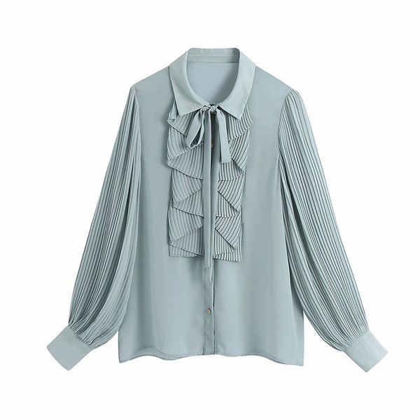 

2021 new pleated sleeve cascading ruffle bow tie office ladies blouse chic fashion female za women camisas femininas new xqbv, White