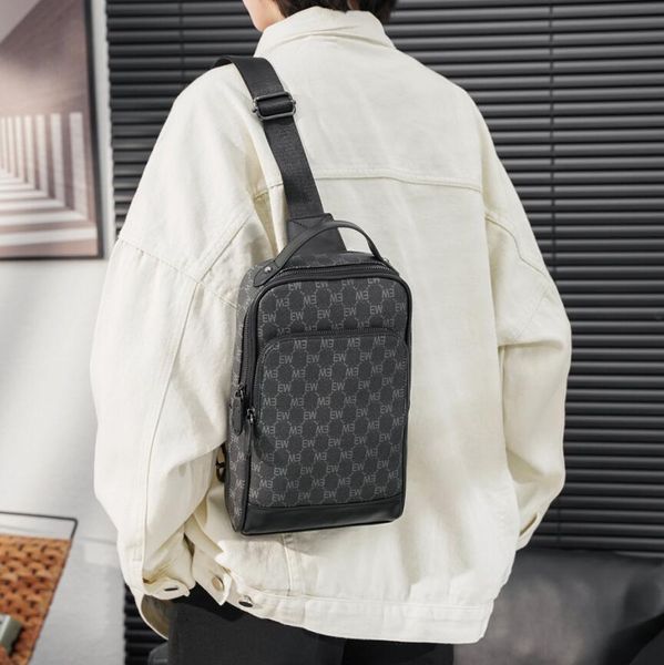 

outlet men leathers shoulder bag outdoor sports printing leisure chest street trend color matching leather handbag multifunctional fashion plaid backpack, Black2-4024(boutique box)