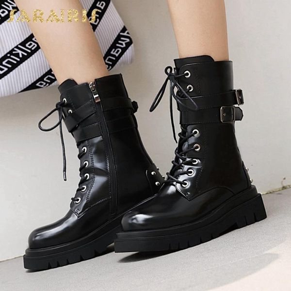 

sarairis fashion new big size 43 comfortable ins shoes ladies boots zipper platform cross-tied black boots woman shoes