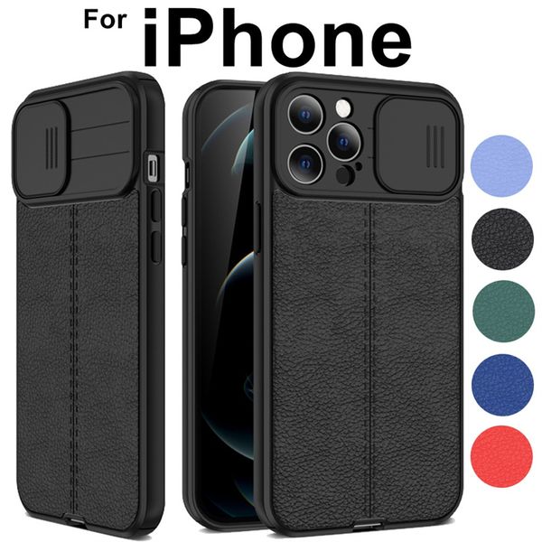 Luxury Litchi Leature Texture Celular Caso para iPhone 13 12 11 Pro Max Mini X XS XR 7 8 Plus SE Slider Câmera Lens de proteção