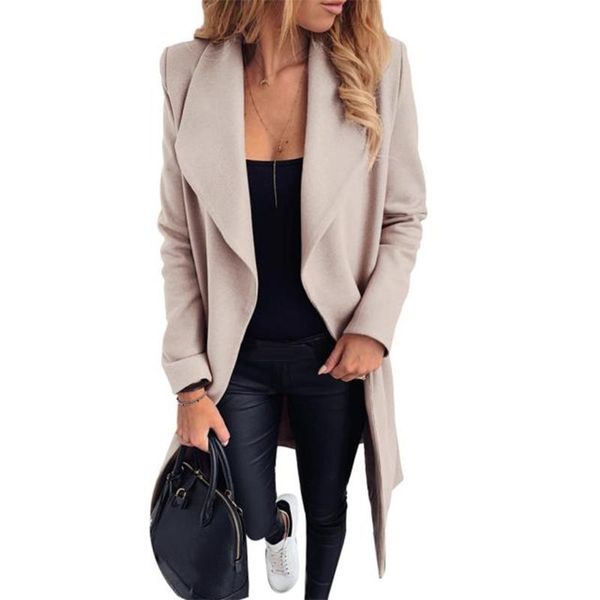 

women fall winter long coat lapel collar long sleeve belt open front overcoat d08e, Black