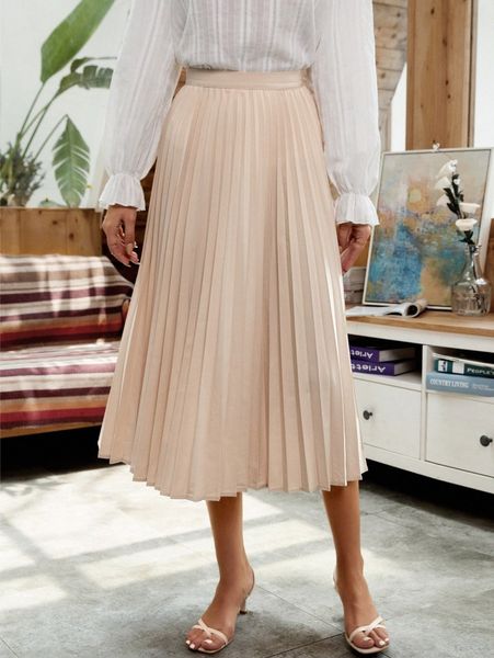 

solid high waist pleated skirt u0lg#, Black