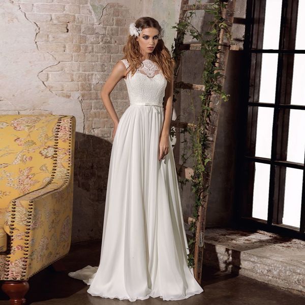 

2021 new jiyigong beach wedding illusion back cap sleeve o neck bow belt lace chiffon bridal es robe de mariee tbgp, White