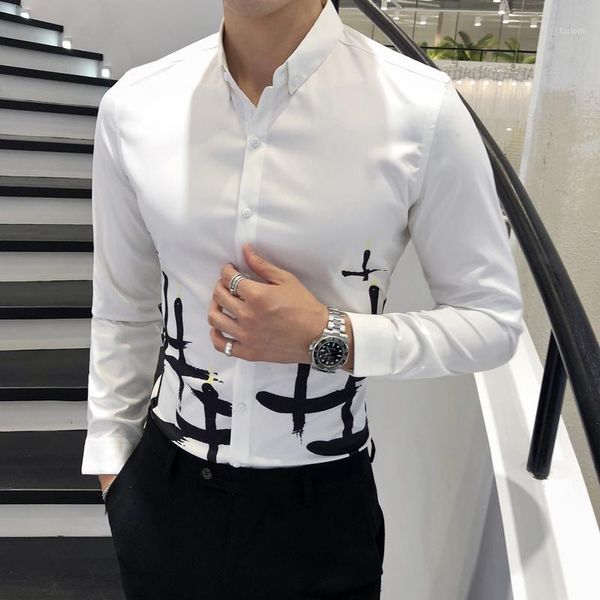 

brand new dress shirt men business casual print slim fit shirts for men clothes 2018 autumn long sleeve print mens shirts 2xl-m1, White;black