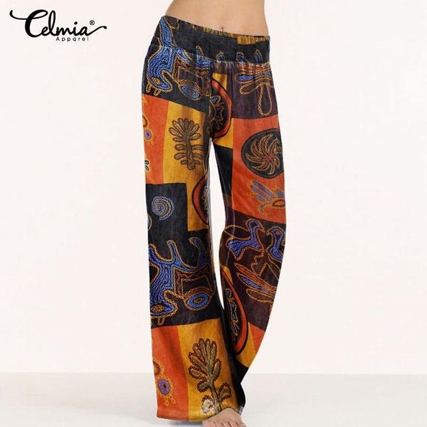 

plus size celmia women retro printed wide leg pants casual loose long palazzo trousers autumn high waist pantalon femme 5xl y200418, Black;white