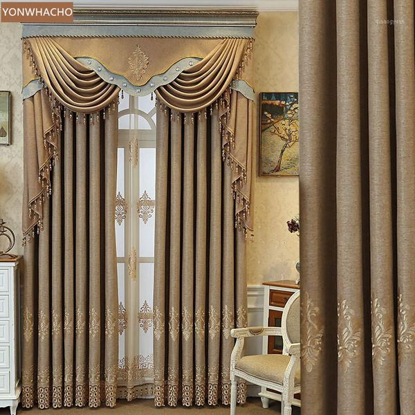 

custom curtains luxury european living room thick coffee chenille embroidery cloth blackout curtain tulle valance drape b6641