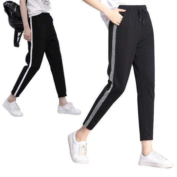 

autumn harem pants new casual long trousers for women black side striped thin ankle-length pants female pencil pant, Black;white