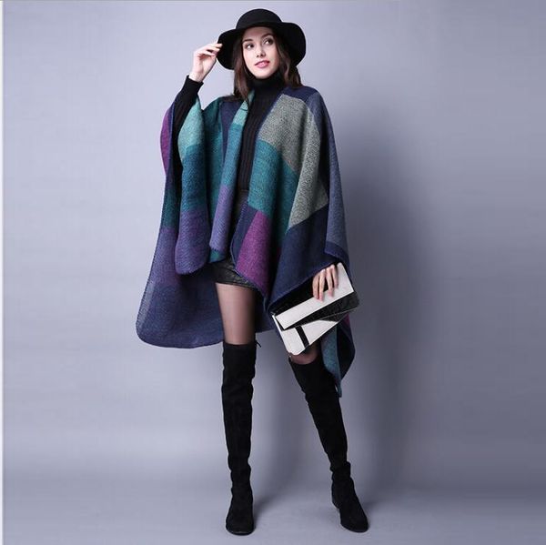 

scarves women scarf cashmere ponchos and capes plaid for ladies dress, Blue;gray