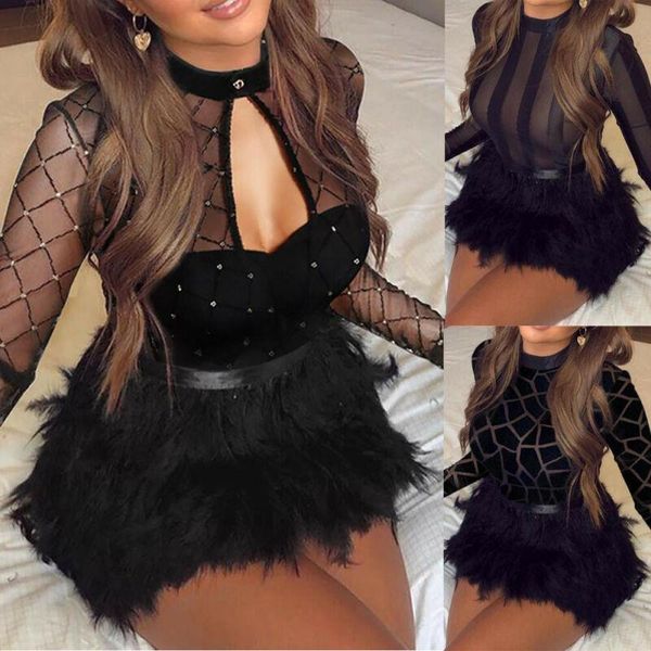 

women sheer mesh fur splice dress long sleeve high waist dress lady club bodycon mini dress see through female, Black;gray