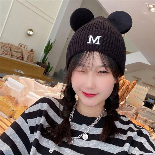 

beanie/skull caps foux beanies winter women autumn cute mouse ears designer earflaps knitted hat skull cap fashion korean style 2021, Blue;gray