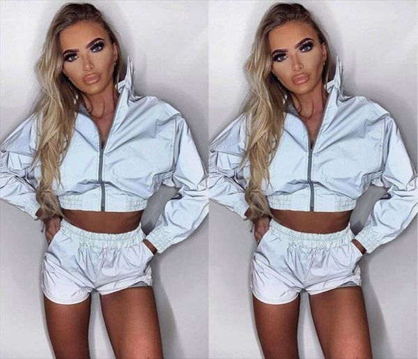 

fashion female women casual clothes sets reflective coat clubwear long sleeve casual jacket outwear crop bottons shorts, Gray