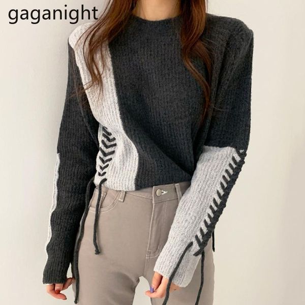 

gaganight korean women winter sweater fashion geometric o-neck pullovers lady criss-cross lace up sweaters knited casual, White;black
