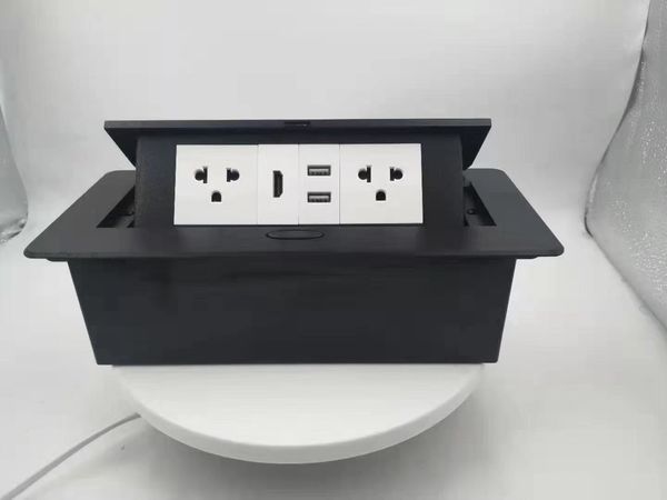 Yeni Çinko Alaşım Plaka 16A Yavaş Pop Up 2 Güç AB Soket Çift USB Şarj Portu 2.1A Ofis Masa Masaüstü Outlet Siyah Çelik Kutusu Gümüş / Siyah