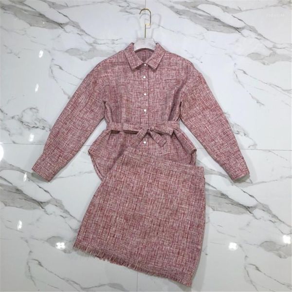 

summer 2 piece set vintage plaid turn-down collar tweed and tassel skirt set1, Gray