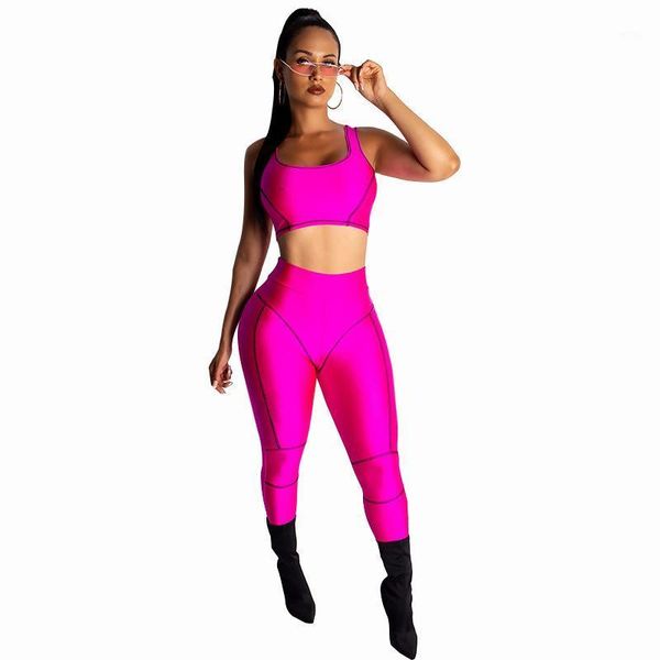 

2020 new neon color sporty tracksuits women workout active wear high street women sleeveless crop and long slim pants set1, White