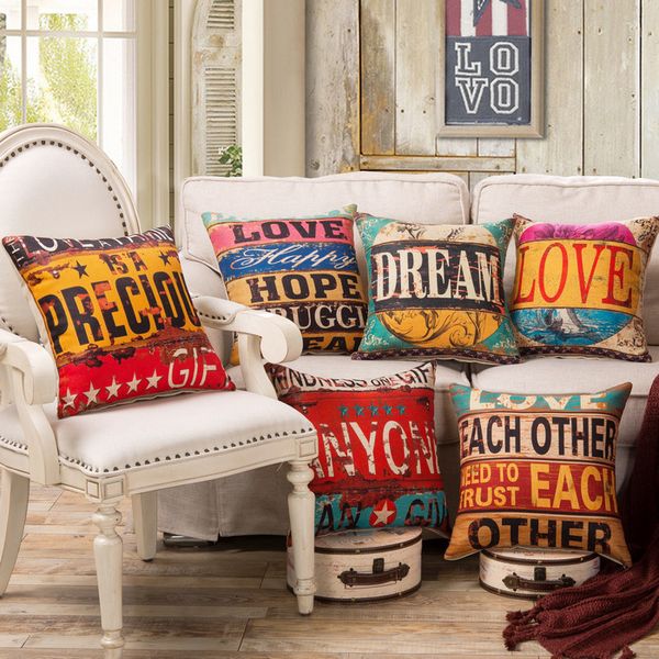 

1pcs vintage love pattern cotton linen throw pillow cushion cover home decoration sofa bed decor decorative pillowcase 40133