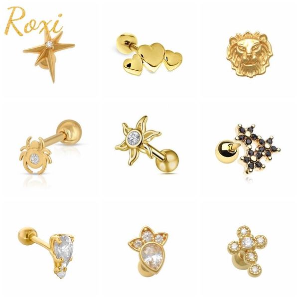 

stud roxi 1pc 925 sterling silver earrings for women heart sunflowers crown spider cross lion unusual earring piercing jewelry, Golden;silver