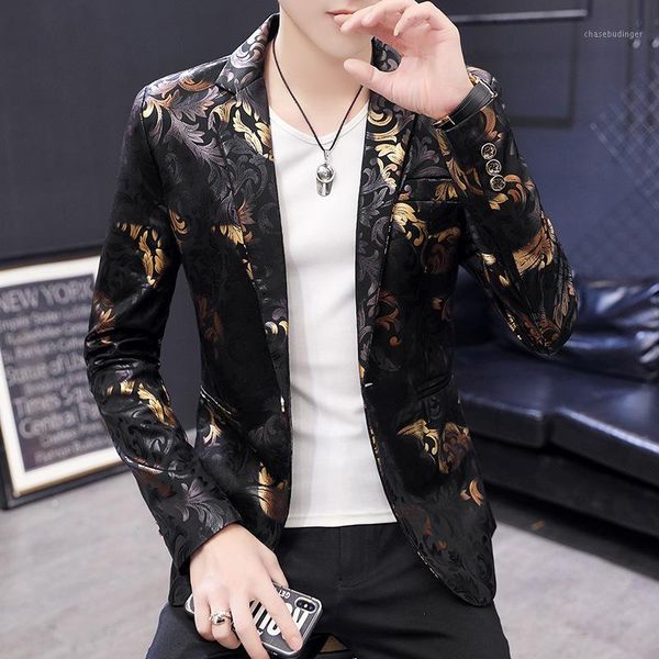 

2020l men's autumn retro printed suit youth british style bronze slim casual blazer1, White;black