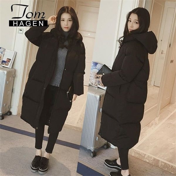 

winter 2020 long down jacket in korean loose plus size women hooded warm coat cotton slim x0923, Black