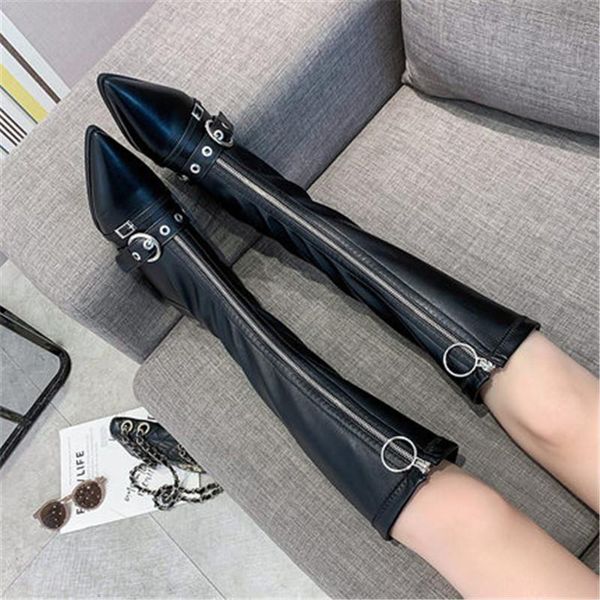 

front zipper concise sewing women knee high boots pointed toe med square heel autumn winter boots solid party ladies shoes, Black