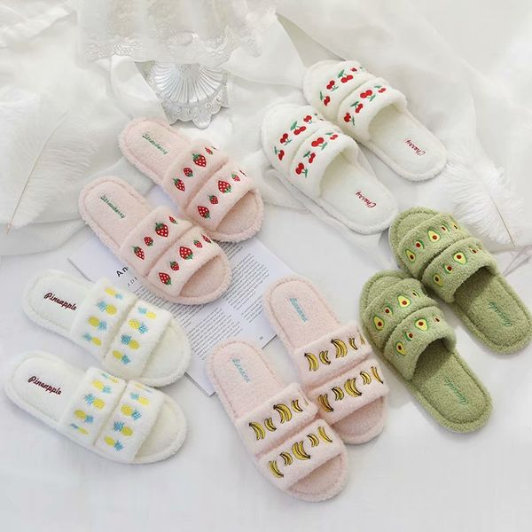 

millffy kawaii furit women plush home slippers indoor floor shoes cherry avocado strawberry fluffy warm slides slippers x1020, Black