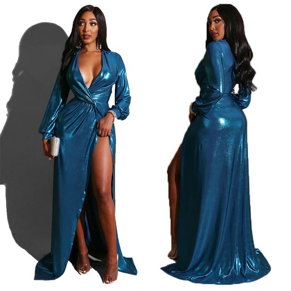 

ys203 women's european and american autumn fashion deep v bronzing long sleeve slit dress 2021, Black;gray