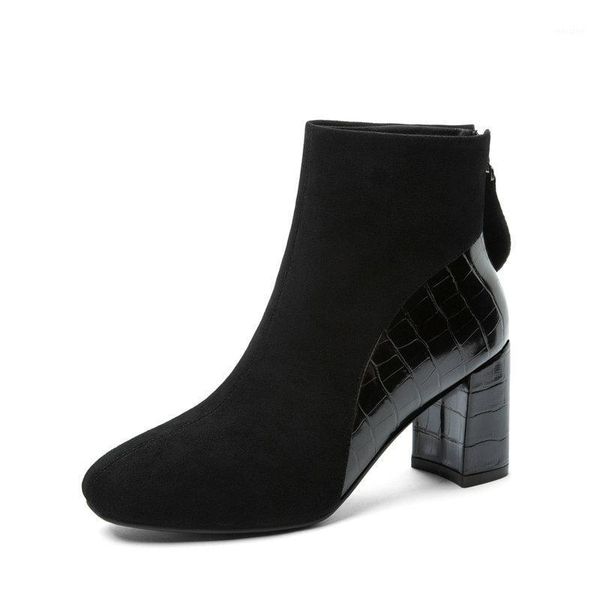 

boots 2021 women ankle flock+ pu leather square high heel fashion autumn winter shoes elegant big size 34-431, Black