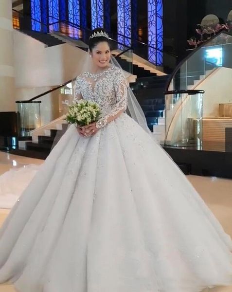 

luxury lace ball gown wedding dresses long sleeves beaded appliques jewel neck court train wedding bridal gowns custom made, White