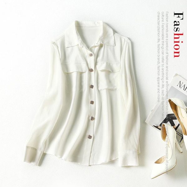 

light luxury temperament mulberry silk blouse commuter shirt collar women long sleeve blockbuster silk shirt, White
