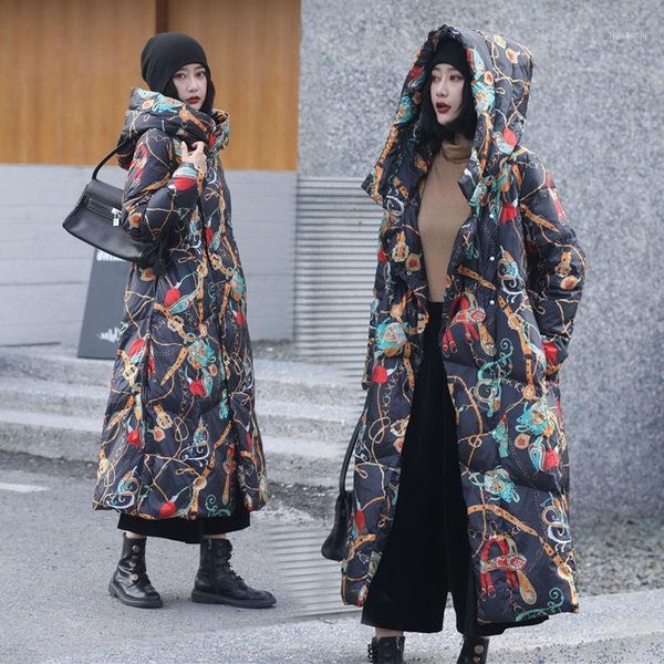 

2020 new winter women vintage folk style white duck down jacket female warm hooded coat print skirt a-line long parkas s1611, Black