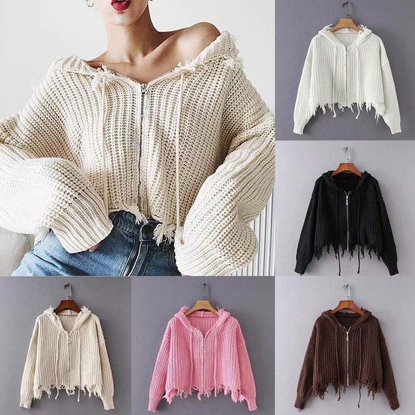 

women zipper sweater coat knitted hooded tassel knitted jacket cardigan sweater fashion solid hole street clothing soft warm, White