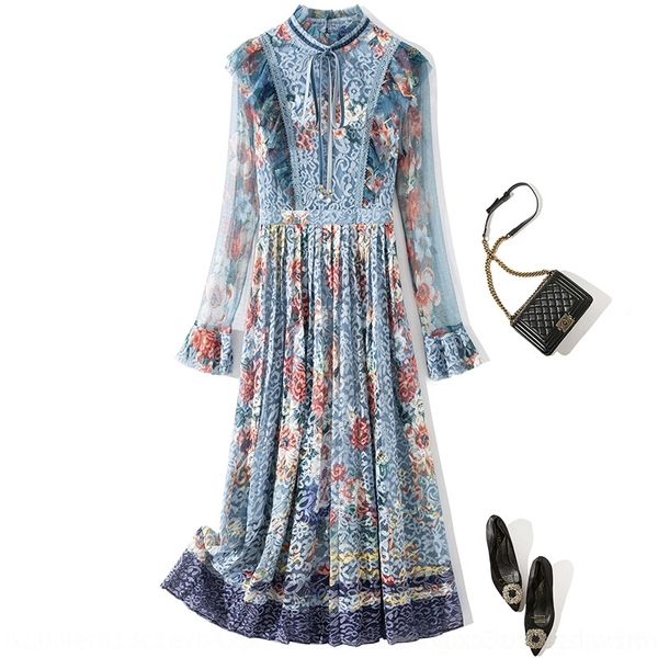 

zvpna l5369 2020 spring/summer new dress lace printed skirtelegant skirtpleated skirt pleated women's slimming dress dxjjx, Black;gray