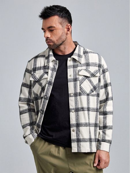 

extended sizes men drop shoulder flap pocket plaid overcoat f1ov#, Black;brown