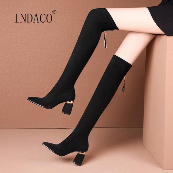 

2020 new fashion over the knee boots women winter boots warm thong high black flock pointed toe back zipper plus size 42