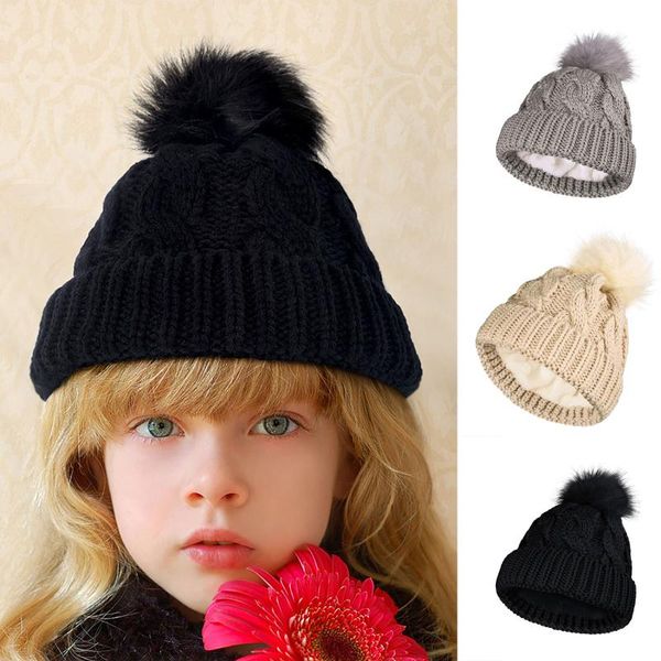 

beanies children's autumn and winter knitted cotton hats warm comfortable ski hat solid color fashion boy girl universal pompom caps