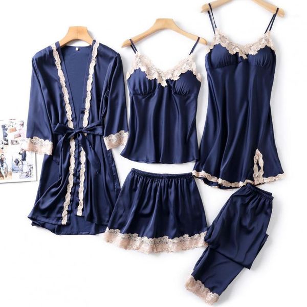 

women satin robe set lace 5pcs sleepwear summer bathrobe gown loose pajamas kimono gown casual home clothes1, Black;red