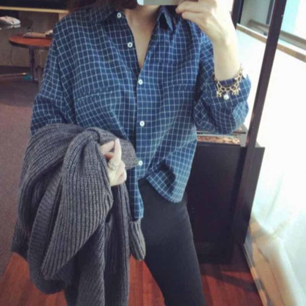 

women blouses vintage plaid print long sleeve v-neck women shirts ladies blouses blusas1, White