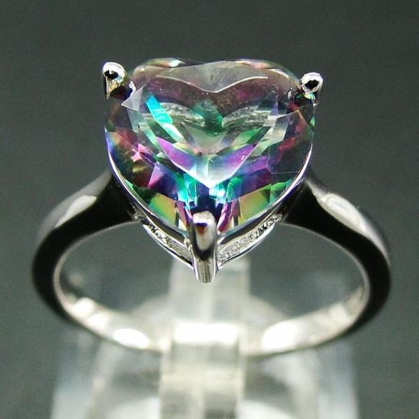 

cluster rings selling 925 sterling silver 10x10mm heart rainbow mystic z ring for women's engagement wedding gift, Golden;silver