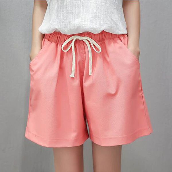 

cotton linen elastic waist candy colors loose casual plus size women vintage wide leg shorts y200512, White;black