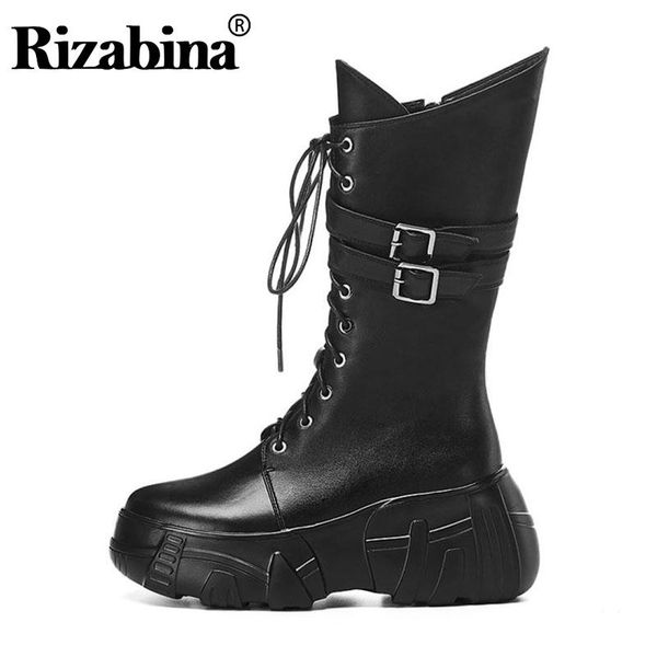 

rizabina real leather mid calf boots for women fashion knight boots thick sole cross strap winter shoes women size 34-39, Black