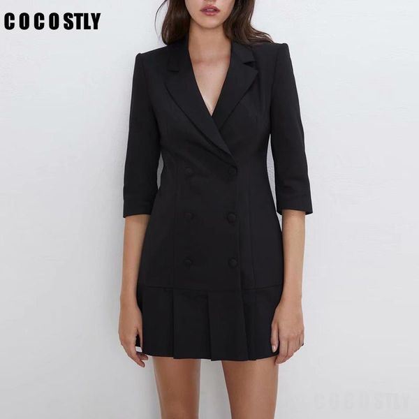 

women's suits & blazers 2021 autumn black pleated suit dress fashion blazer women clothes v-neck double breasted long jacket slim coat, White;black
