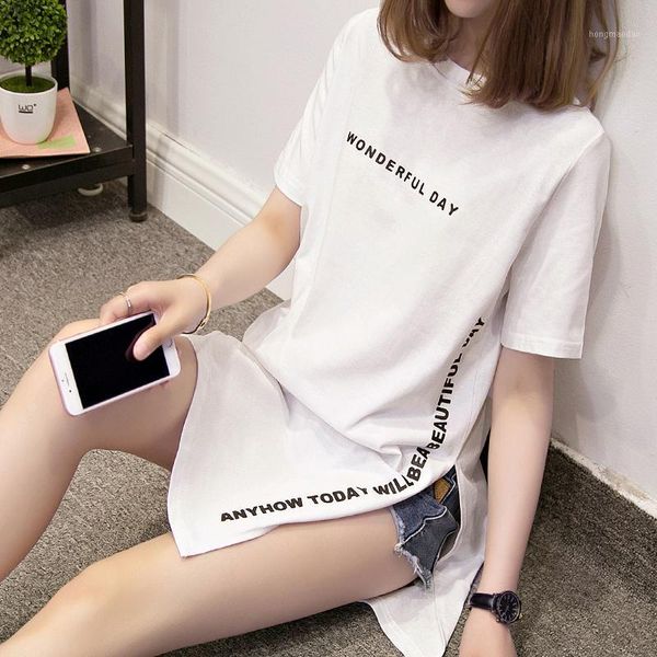 

plus size wonderful day print long t shirts summer women loose short sleeve slit femme cotton tshirt1, White