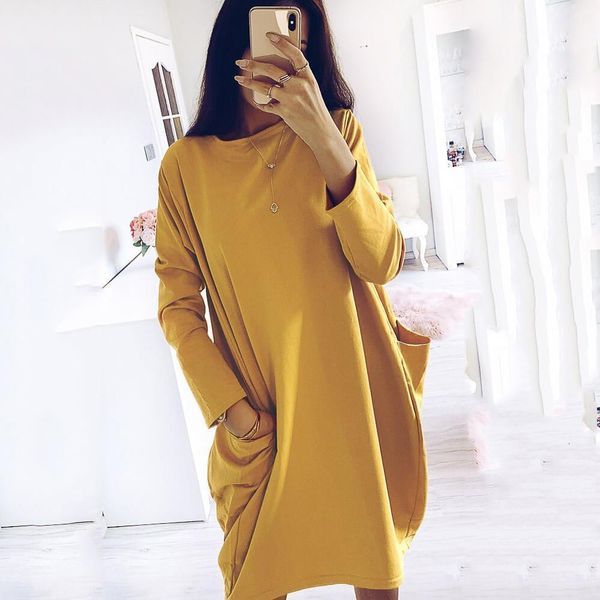 

fall winter woman dress loose casual o neck solid color long sleeve dress fashion vintage oversize pockets dresses for women, Black;gray
